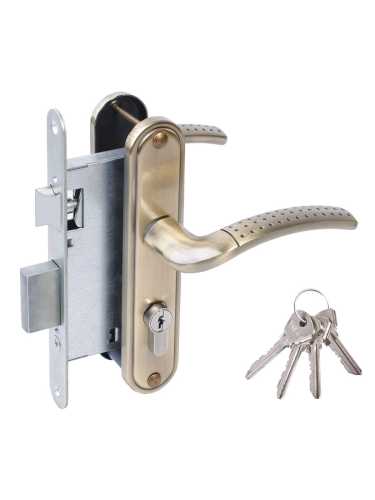 Замок Omega (Омега) врезной цилиндровый с защёлкой в комплекте с ручкой ЗВ4-55.27 (ант.бронза), 4 кл.