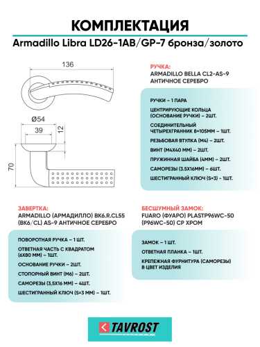 Комплект: Ручки Armadillo Libra LD26-1AB/GP-7+Завертка+Бесшумный замок Fuaro/бронза/золото