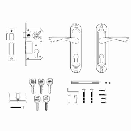 Замок  цилиндровый с защёлкой в комплекте с ручкой Punto KIT P15 4061/3 CRONA SN мат. никель, 5 к