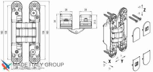 Kubica K8120 ATOMIKA KARAKTER DXSX, CS петля скрытая универсальная МАТОВЫЙ ХРОМ (120 kg)