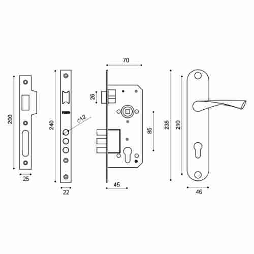 Замок  цилиндровый с защёлкой в комплекте с ручкой Punto KIT P90 4585/3 CRONA SN мат. никель, 5 к