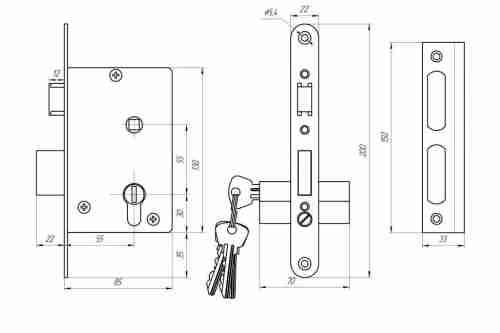 Ручка дверная на планке с замком под цилиндр с защелкой ЗЕНИТ ЗВ4-3.01 (серебро), 4 кл.