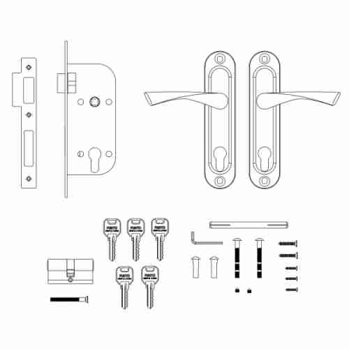 Замок  цилиндровый с защёлкой в комплекте с ручкой Punto KIT P16 4070 CRONA SN мат. никель, 5 кл.