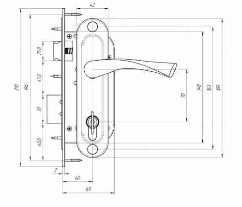 Замок врезной цилиндровый с защёлкой в комплекте с ручкой ЗВ7-70.4 (медь), 5 кл.