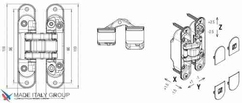 Kubica K8060 ATOMIKA SLIM DXSX, NS петля скрытая универсальная МАТОВЫЙ НИКЕЛЬ (60 kg)