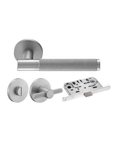 Комплект дверных ручек Morelli MH-57-R6T MSC с заверткой MH-WC-R6T MSC + магнитный замок M1895 MSC, цвет матовый хром