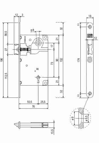 Замок межкомнатный AGB (АГБ) В01013.50.22 бронза WC под фиксатор, защелка вверху без отв. планки