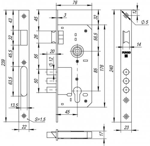 Корпус врезного замка с защёлкой Fuaro 900 3MR/PB W/B (латунь)