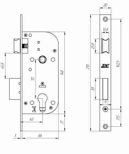 Замок врезной цилиндровый с защёлкой в комплекте с ручкой ЗВ7-70.4 (медь), 5 кл.