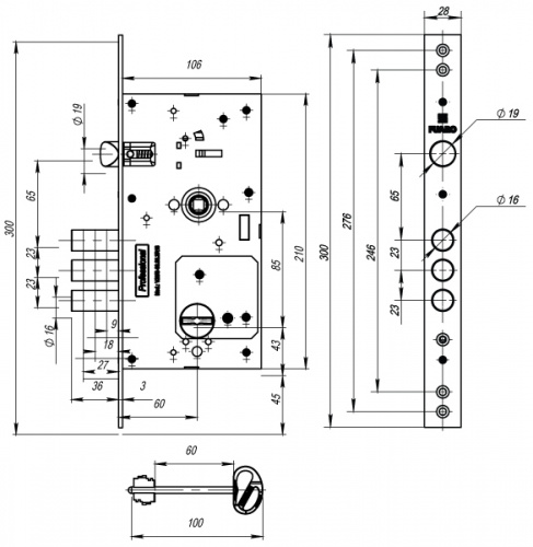 Замок врезной сувальдный с защёлкой Fuaro V25/S-60.85.3R16, 4 кл.