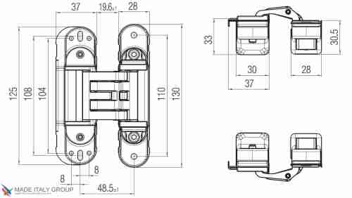 Kubica HYBRID 6360 45 CR.SAT петля скрытая универсальная асимметричная, цвет МАТОВЫЙ ХРОМ (60 kg)