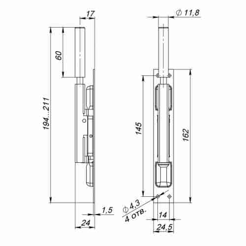 Задвижка торцевая TDB set 160-24 в комплекте с ригелем D12x80 мм