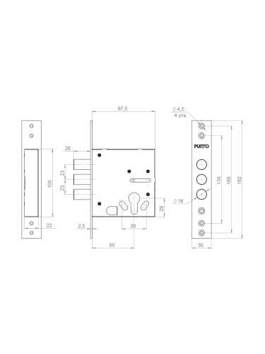 Корпус Punto (Пунто) врезного замка цилиндровый MDV30/C-65.00 CP хром тех.уп.