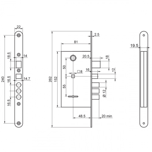Ручки дверные на планке с замком сувальдный ключ САМ ЗВ9-8.3/13(КЛП5-85)прав (медн ант), 3 кл/88010/