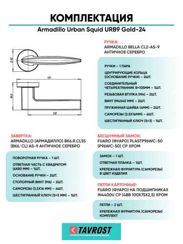 Комплект: Ручки Armadillo Urban Squid URB9 Gold-24+Завертка+Бесшумный замок и Петли Fuaro/золото 24К