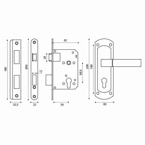 Замок врезной цилиндровый с защёлкой в комплекте с ручкой Punto KIT P25 5558 ORION SN/CP,  W/B