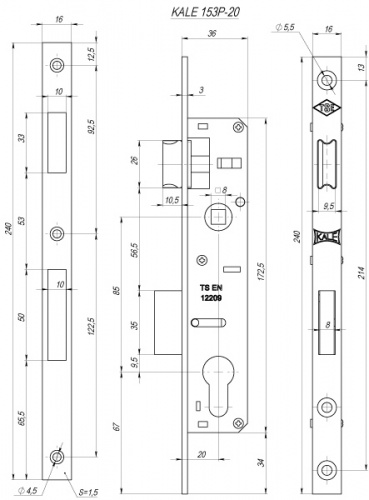 Корпус узкопрофильного замка с защёлкой KALE KILIT 153/P (20 mm) w/b хром