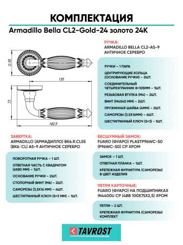 Комплект: Ручки Armadillo Bella CL2-Gold-24+Завертка+Бесшумный замок и Петли Fuaro/золото 24К