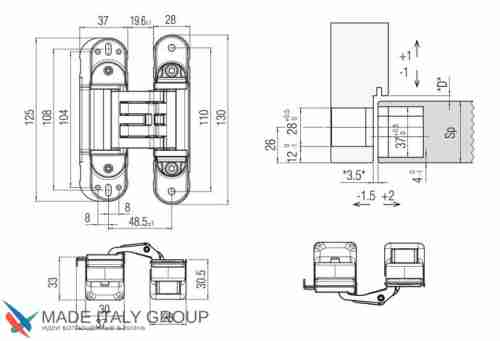 Kubica HYBRID 6360 45 CR.SAT петля скрытая универсальная асимметричная, цвет МАТОВЫЙ ХРОМ (60 kg)