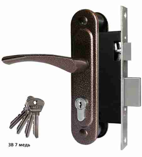 Ручка дверная на планке с замком под цилиндр с защелкой ОМЕГА ЗВ7 (медь), 4 кл.
