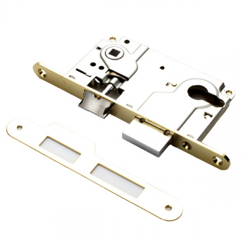 Замок дверной под цилиндр с ригелем RENZ INLBB 8550-2/1 PB 1 ригель и защ., с подш., лат. бл.