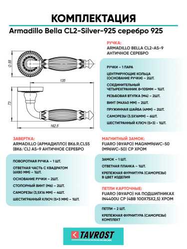 Комплект: Ручки Armadillo Bella CL2-Silver-925+Завертка+Магнитный замок и Петли Fuaro/серебро 925