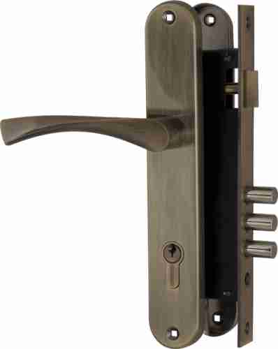 Ручка дверная на планке с замком под цилиндр с защелкой Fuaro SET F9011 AB (бронза), 5 кл.