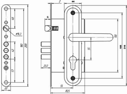 Корпус врезного замка с защелкой в комплекте с ручкой ЗВ4.009/17 (медь), 4 кл.
