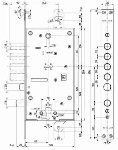 Замок врезной Mottura Art. 54797TBSR56 Замок 4-риг с защелкой и замком под евроцилиндр без накладок
