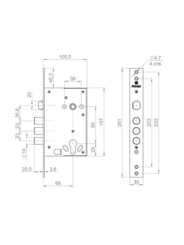 Корпус Fuaro (Фуаро) врезного замка полуавтоматический с защёлкой MDV32.21/C-65.85.3R16 S/A
