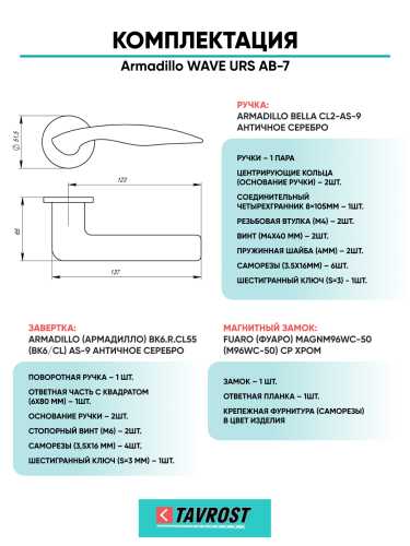Комплект: Ручки Armadillo WAVE URS AB-7+Завертка+Магнитный замок Fuaro/бронза