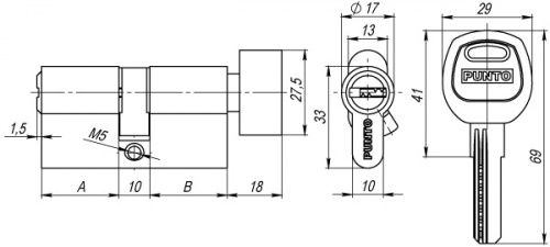 Цилиндровый механизм с вертушкой Punto A202/90 mm (40+10+40) SN мат. никель 5 кл.