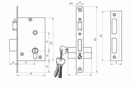 Замок врезной цилиндровый с защёлкой в комплекте с ручкой ЗВ4-3.02 (бронза), 4 кл.