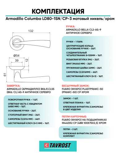Комплект: Ручки Armadillo Columba LD80-1SN/CP-3+Завертка+Бесшумн замок и Петли Fuaro/мат никель/хром