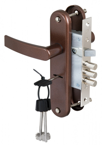 Ручки дверные на планке с замком под сувальдный ключ САМ ЗВ9-8/13 (медный антик), 3 кл. /84301/