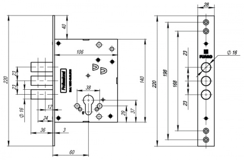 Корпус врезного замка Fuaro V25/C-60.00.3R16