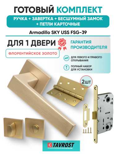 Комплект: Ручки Armadillo SKY USS FSG-39+Завертка+Бесшумный замок и Петли Fuaro/флорентийское золото