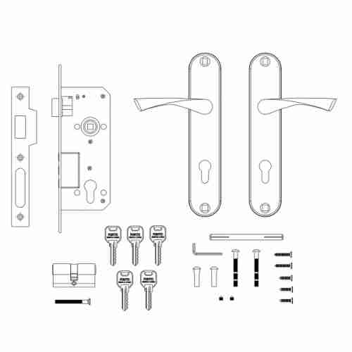 Замок  цилиндровый с защёлкой в комплекте с ручкой Punto KIT P90 4585/3 CRONA SN мат. никель, 5 к