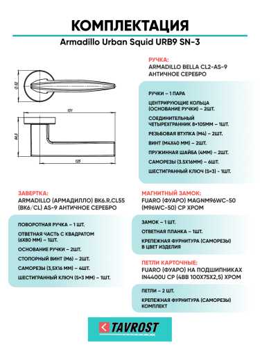 Комплект: Ручки Armadillo Urban Squid URB9 SN-3+Завертка+Магн замок и Петли Fuaro/матовый никель