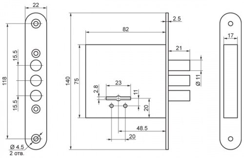 Замок врезной сувальдный САМ ЗВ8-4С/15 (без отв. планки), 5 кл. /76604/