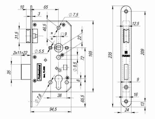 Корпус врезного замка для противопожарных дверей Fuaro FL-0434
