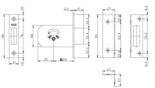 Замок врезной крестообразный KALE KILIT 156/F (45 mm), 3 кл.