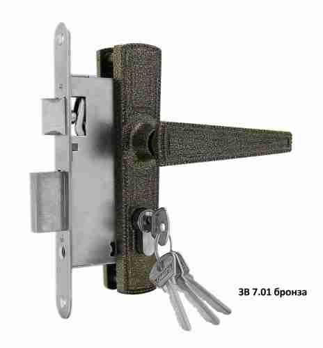 Ручка дверная на планке с замком под цилиндр с защелкой ОМЕГА ЗВ7.01 (бронза), 4 кл.