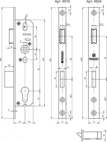 Корпус узкопрофильного замка с защёлкой Fuaro 4924-30/92 CP хром